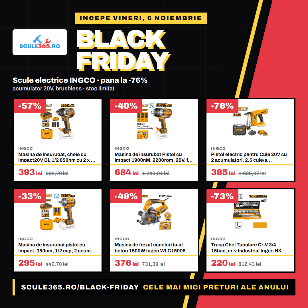 Black Friday Scule365: scule electrice INGCO, reduceri anunțate până la 76%, din 6 noiembrie